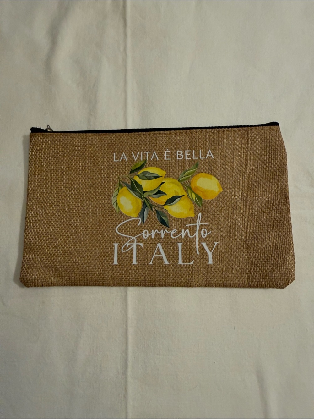 La Vita È Bella Sorrento Italy Lemon Print Jute Pouch - Yellow